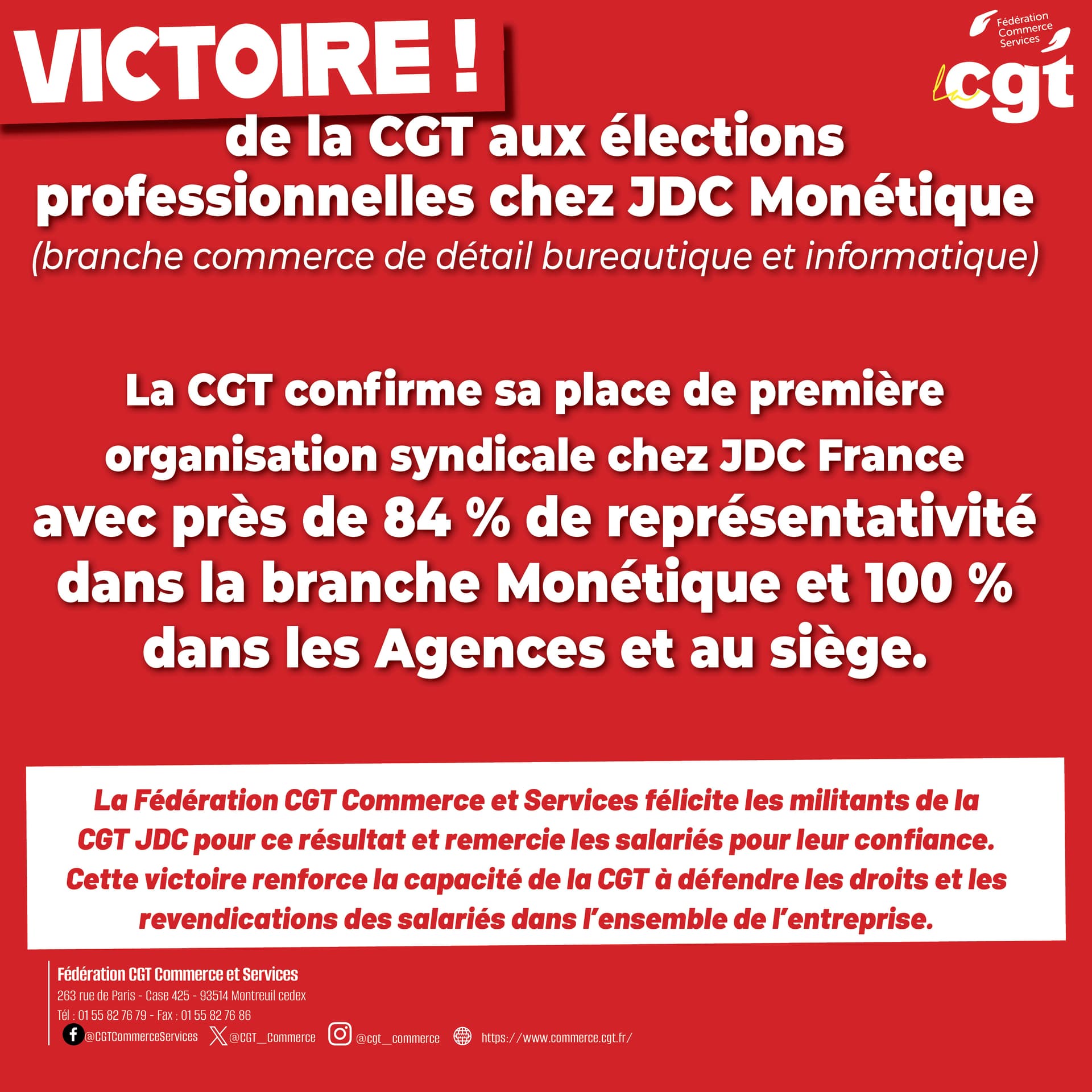 Victoire de la CGT aux élections professionnelles chez JDC Monétique (branche commerce de détail bureautique et informatique)